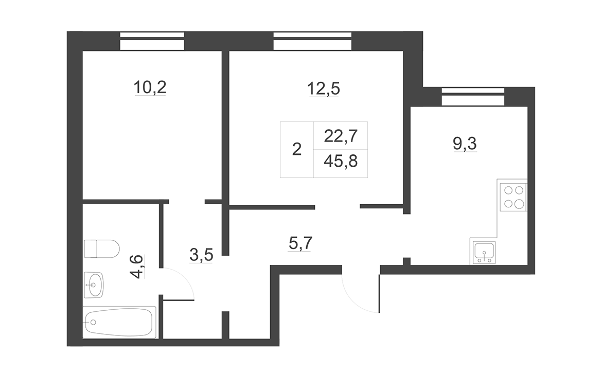 Планировка двухкомнатная 45.8 м² в ЖК «Дом на набережной. Атлантика», корпус 1