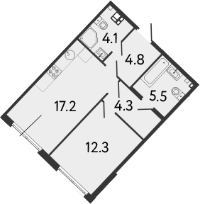 Планировка евродвушка (2Е) 48.2 м² в ЖК «МИРЪ», корпус 1