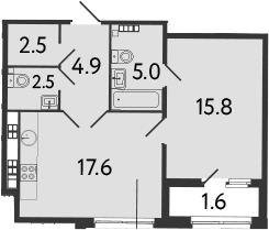 Планировка евродвушка (2Е) 49.9 м² в ЖК «МИРЪ», корпус 1