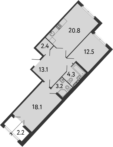 Планировка евротрёшка (3Е) 76.6 м² в ЖК «МИРЪ», корпус 1