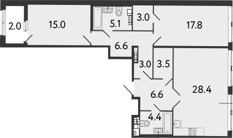 Планировка евротрёшка (3Е) 95.4 м² в ЖК «МИРЪ», корпус 1