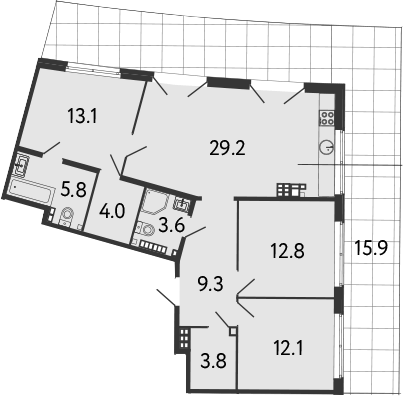 Планировка евро-4 (4Е) 109.6 м² в ЖК «МИРЪ», корпус 1