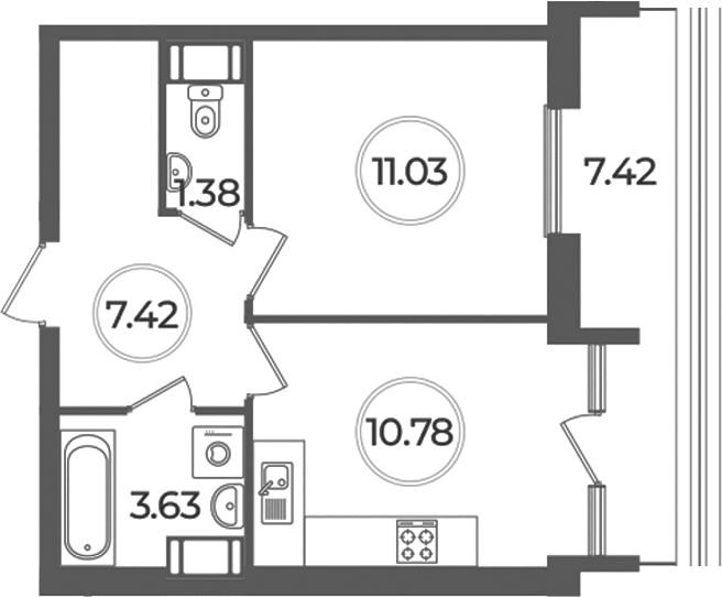 Планировка однокомнатная 36.47 м² в ЖК «Дуалист», корпус 1