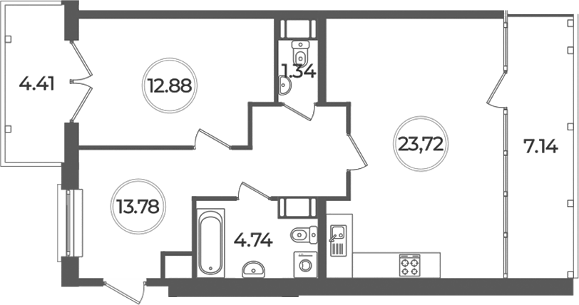 Планировка евродвушка (2Е) 59.92 м² в ЖК «Дуалист», корпус 1