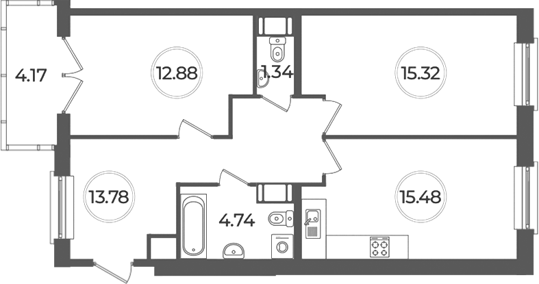 Планировка евротрёшка (3Е) 64.79 м² в ЖК «Дуалист», корпус 1