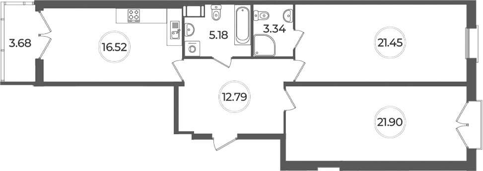 Планировка евротрёшка (3Е) 82.28 м² в ЖК «Дуалист», корпус 1