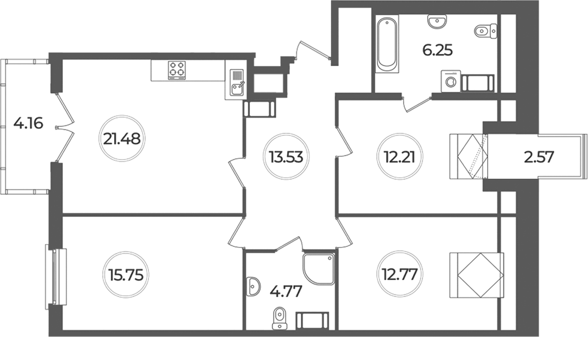 Планировка евро-4 (4Е) 88.78 м² в ЖК «Дуалист», корпус 1