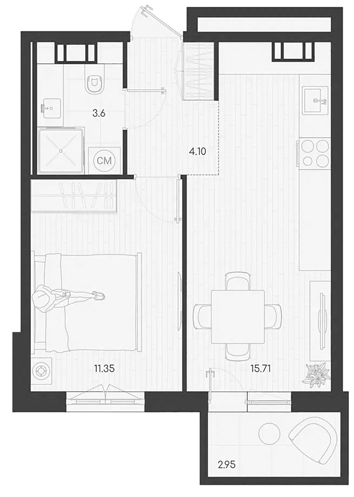 Планировка однокомнатная 35.66 м² в ЖК «Дубровка.Парк», корпус 1