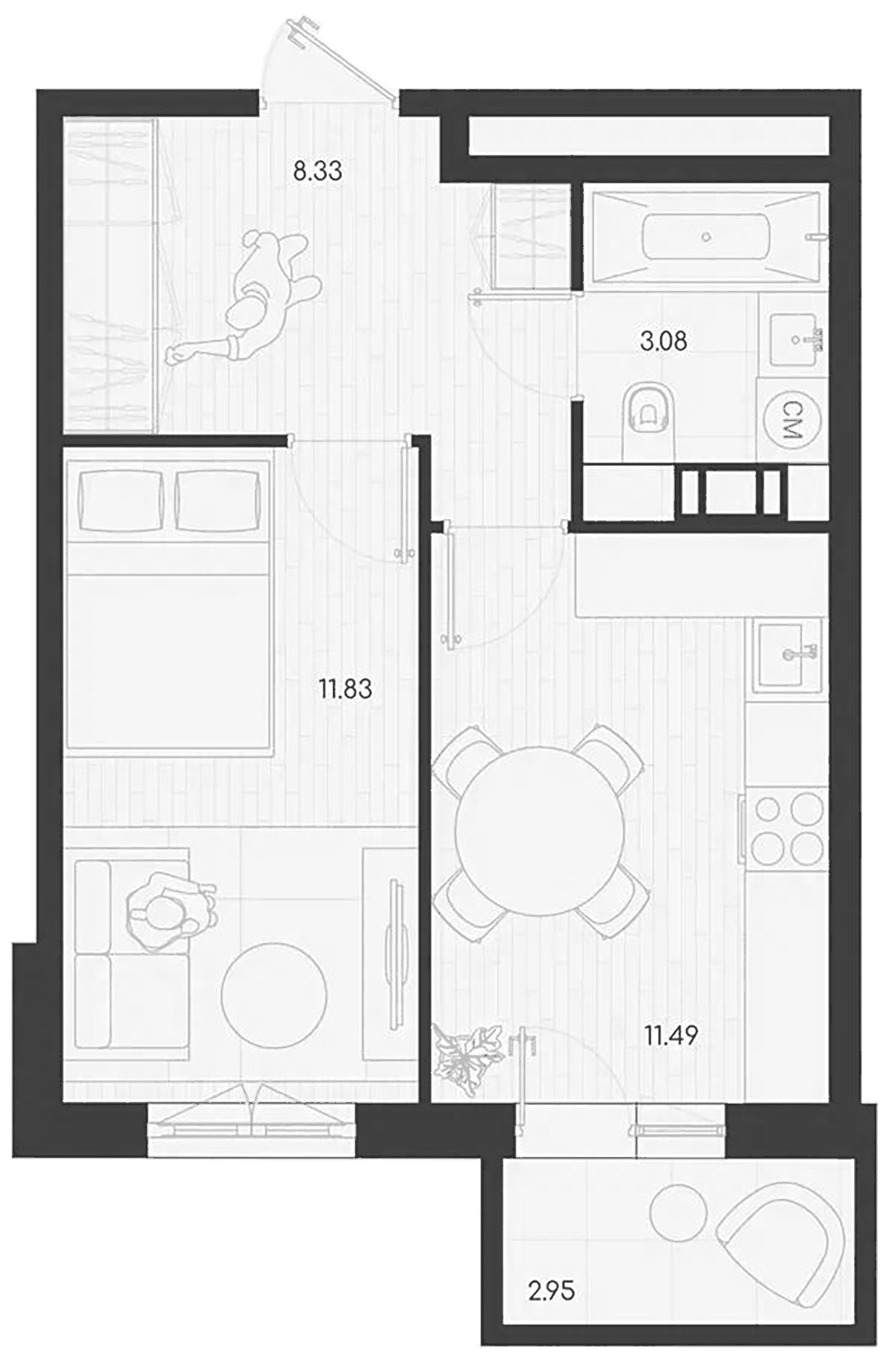 Планировка однокомнатная 36.42 м² в ЖК «Дубровка.Парк», корпус 1