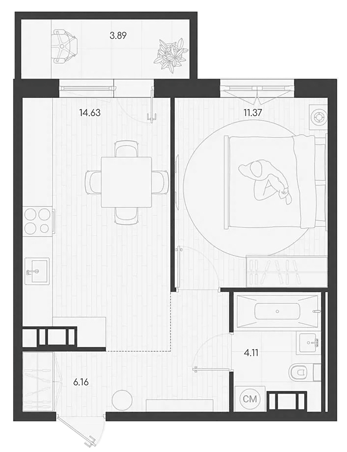 Планировка однокомнатная 37.44 м² в ЖК «Дубровка.Парк», корпус 1