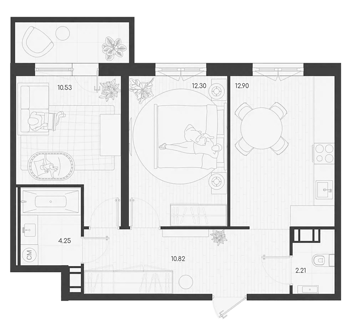 Планировка двухкомнатная 54.18 м² в ЖК «Дубровка.Парк», корпус 1