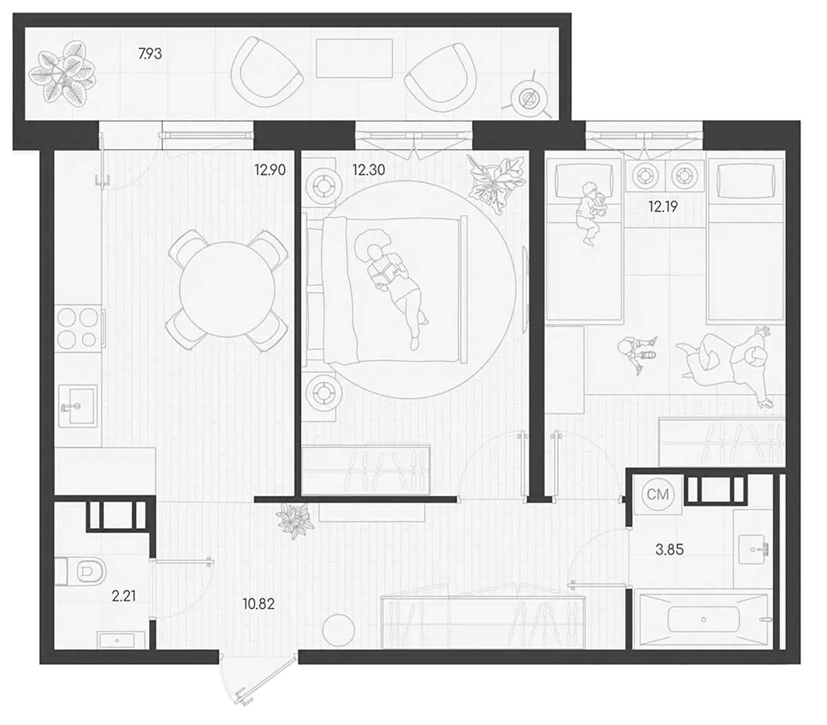 Планировка двухкомнатная 56.65 м² в ЖК «Дубровка.Парк», корпус 1