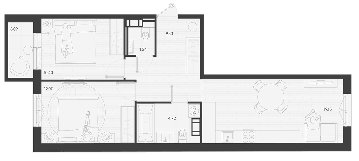 Планировка двухкомнатная 58.64 м² в ЖК «Дубровка.Парк», корпус 1