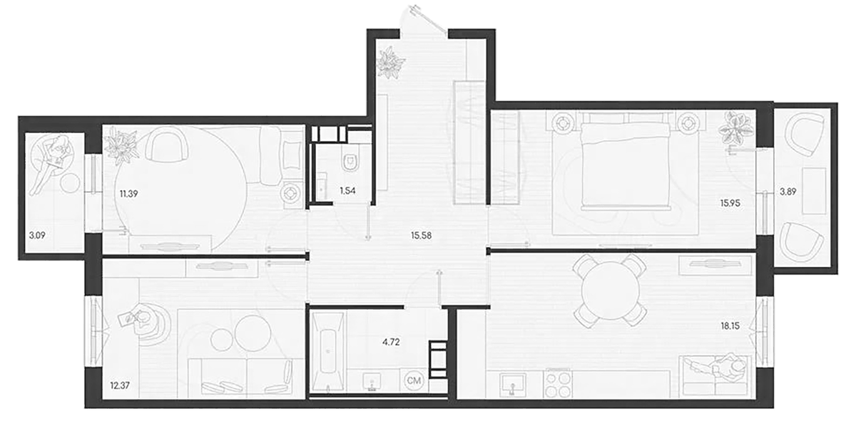 Планировка трёхкомнатная 81.8 м² в ЖК «Дубровка.Парк», корпус 1
