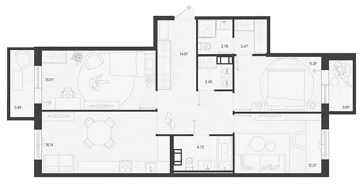 Планировка трёхкомнатная 86.48 м² в ЖК «Дубровка.Парк», корпус 1