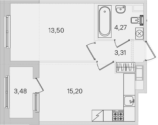 Планировка однокомнатная 39.76 м² в ЖК «Дубровский», корпус 2