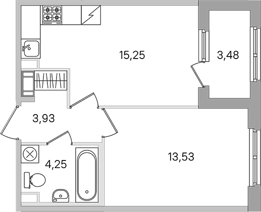 Планировка евродвушка (2Е) 38.7 м² в ЖК «Дубровский», корпус 4