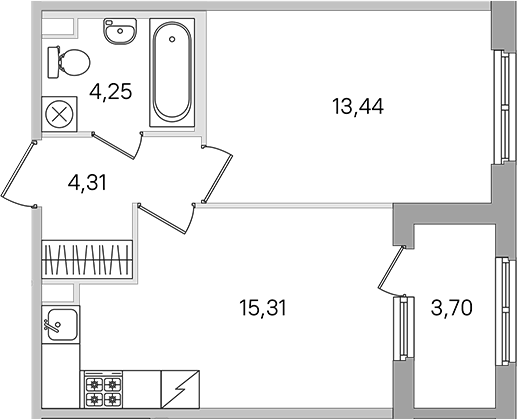 Планировка евродвушка (2Е) 39.16 м² в ЖК «Дубровский», корпус 4