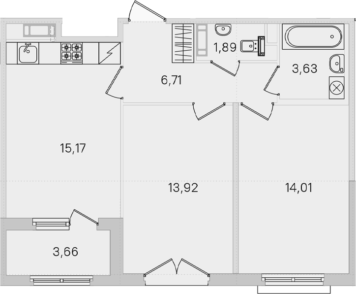 Планировка двухкомнатная 58.99 м² в ЖК «Дубровский», корпус 2