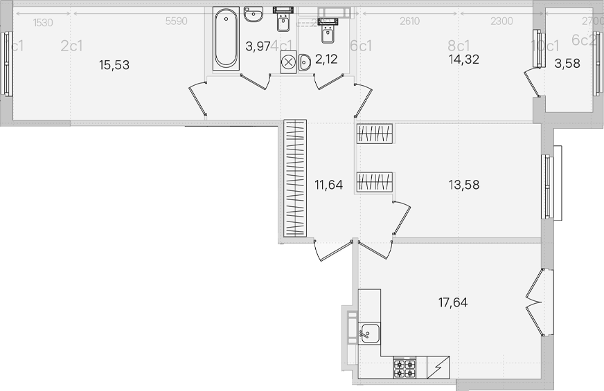 Планировка трёхкомнатная 82.38 м² в ЖК «Дубровский», корпус 2