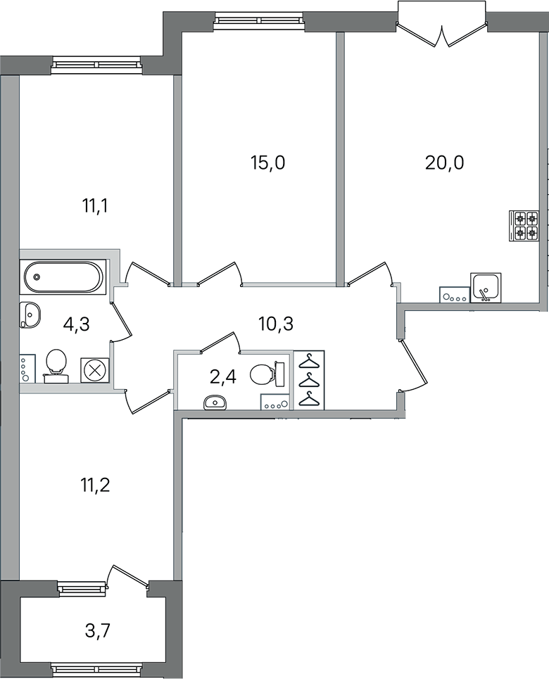 Планировка евро-4 (4Е) 76.15 м² в ЖК «Дубровский», корпус 3