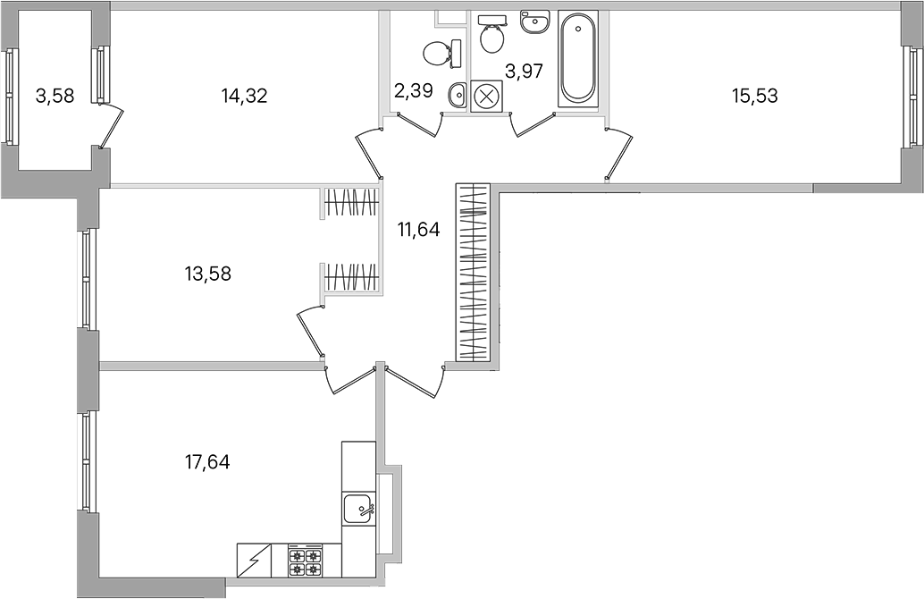 Планировка евро-4 (4Е) 80.86 м² в ЖК «Дубровский», корпус 4