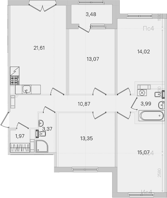 Планировка четырёхкомнатная 100.8 м² в ЖК «Дубровский», корпус 2