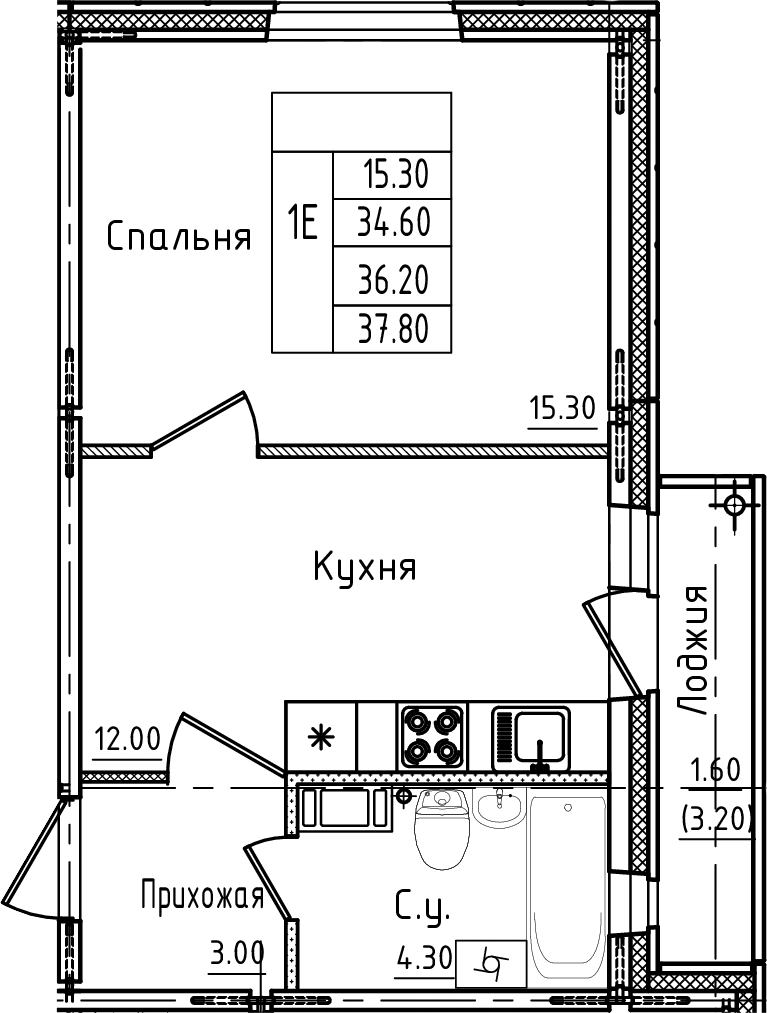 Планировка евродвушка (2Е) 36.2 м² в ЖК «Дуэт», корпус 2