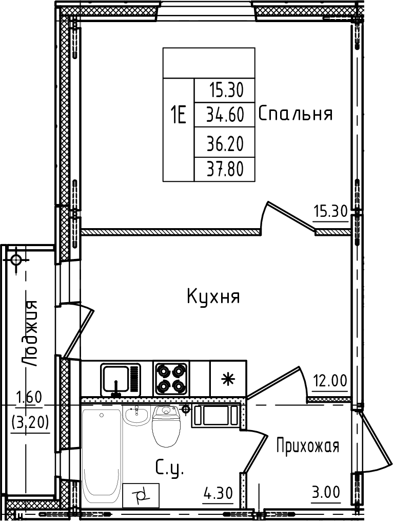 Планировка евродвушка (2Е) 36.5 м² в ЖК «Дуэт», корпус 2