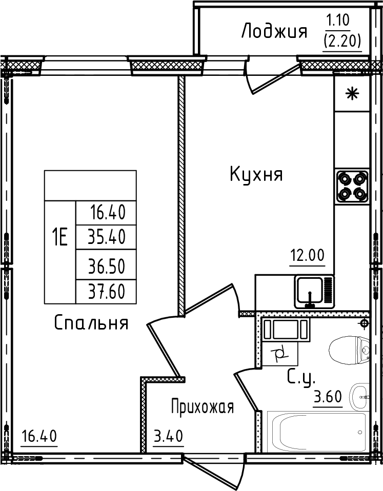 Планировка евродвушка (2Е) 36.8 м² в ЖК «Дуэт», корпус 2