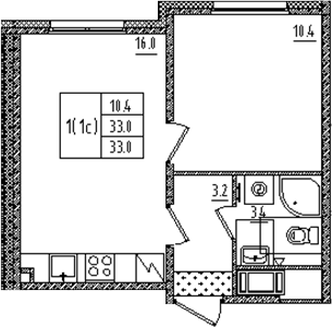 Планировка евродвушка (2Е) 33 м² в ЖК «Дыбенко парк», корпус 1