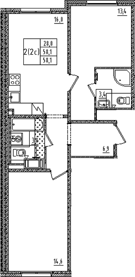 Планировка евротрёшка (3Е) 58.1 м² в ЖК «Дыбенко парк», корпус 1