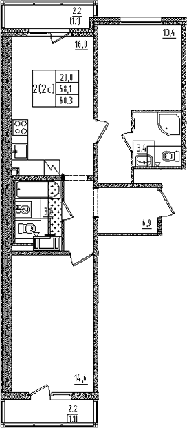 Планировка евротрёшка (3Е) 60.3 м² в ЖК «Дыбенко парк», корпус 1