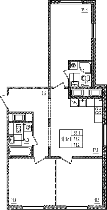 Планировка евро-4 (4Е) 72.2 м² в ЖК «Дыбенко парк», корпус 1