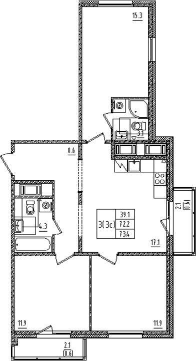 Планировка евро-4 (4Е) 73.4 м² в ЖК «Дыбенко парк», корпус 1