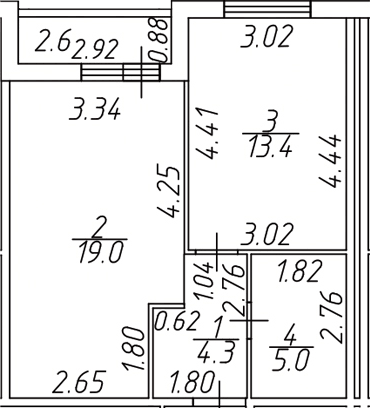 Планировка евродвушка (2Е) 43 м² в ЖК «Дзета», корпус 1
