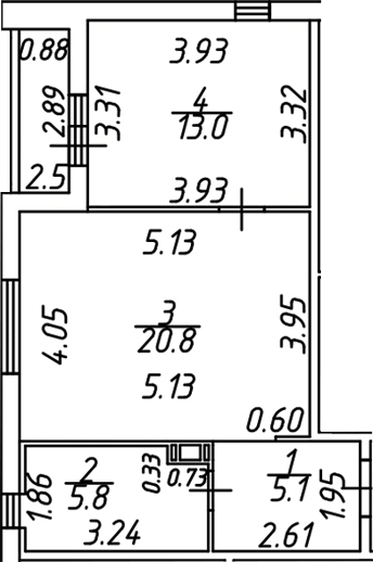 Планировка евродвушка (2Е) 46 м² в ЖК «Дзета», корпус 1