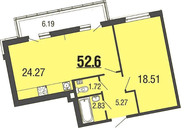 Планировка евродвушка (2Е) 54.76 м² в ЖК «EcoCity», корпус 6-2