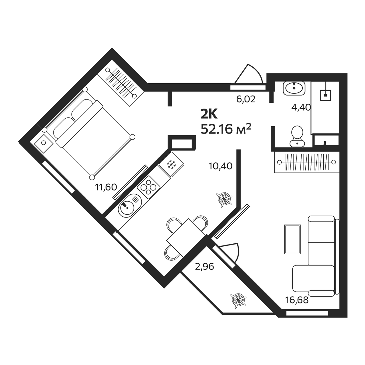 Планировка двухкомнатная 52.16 м² в ЖК «Эдельвейс. Янино», корпус 1
