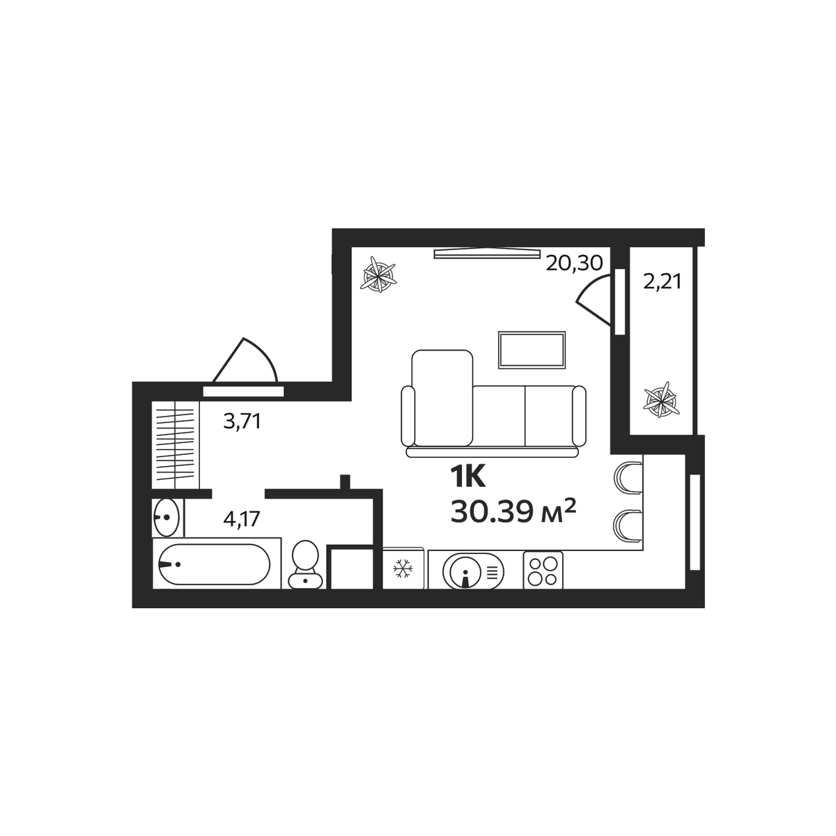 Планировка Студии 30.39 м² в ЖК «Эдельвейс. Янино», корпус 1