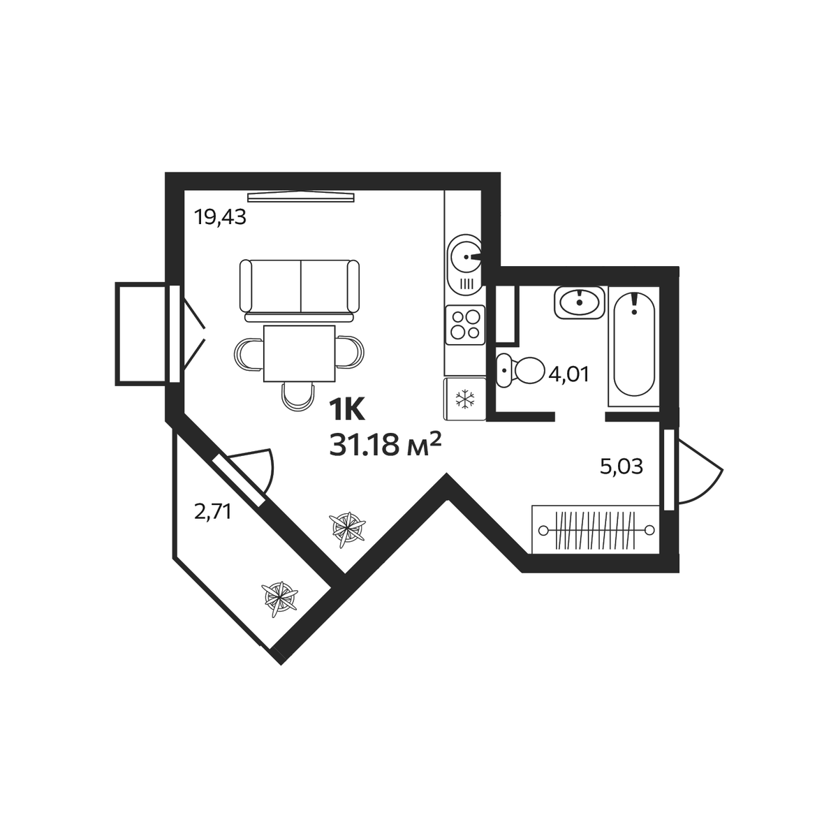 Планировка Студии 31.18 м² в ЖК «Эдельвейс. Янино», корпус 1