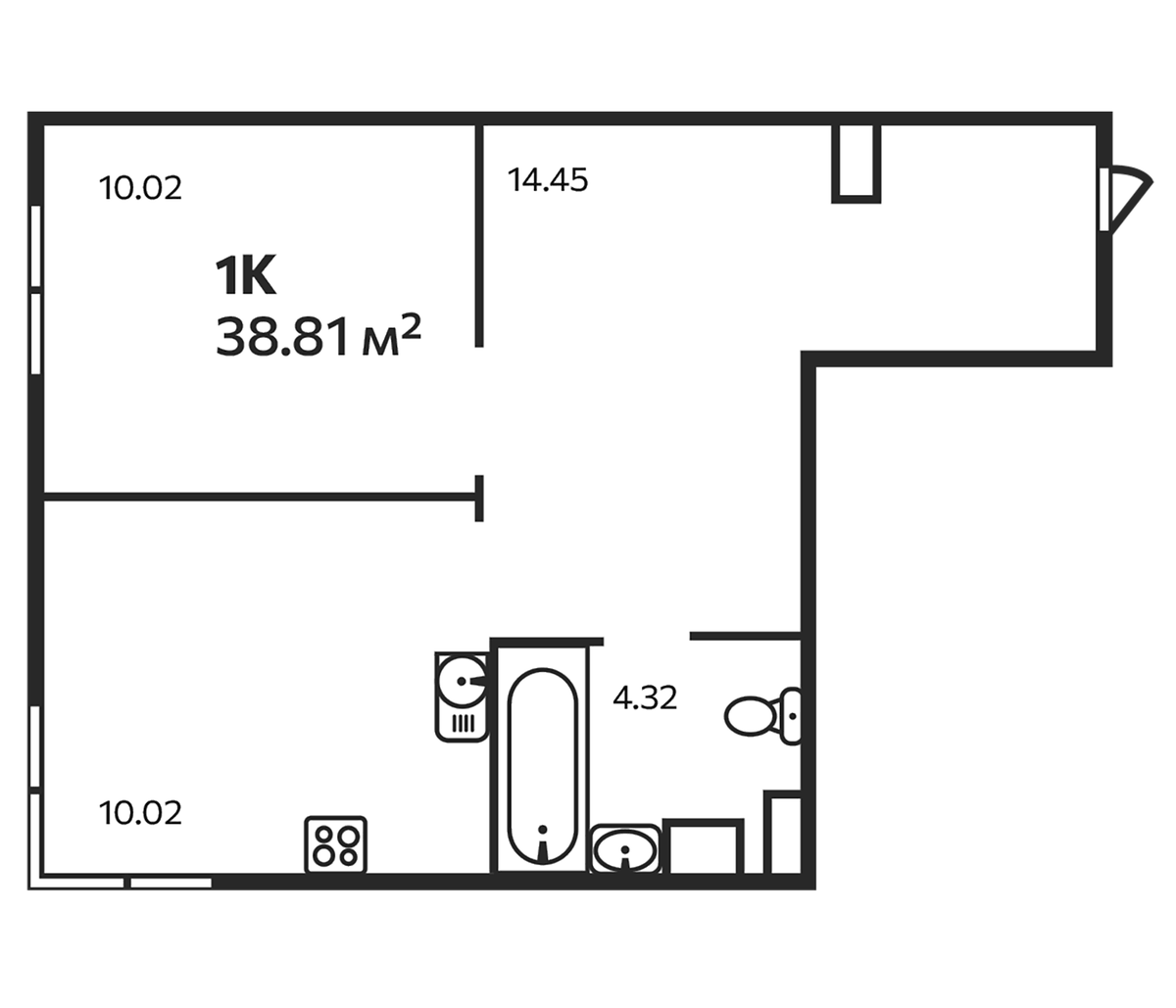 Планировка однокомнатная 38.81 м² в ЖК «Эдельвейс. Выборг», корпус 3