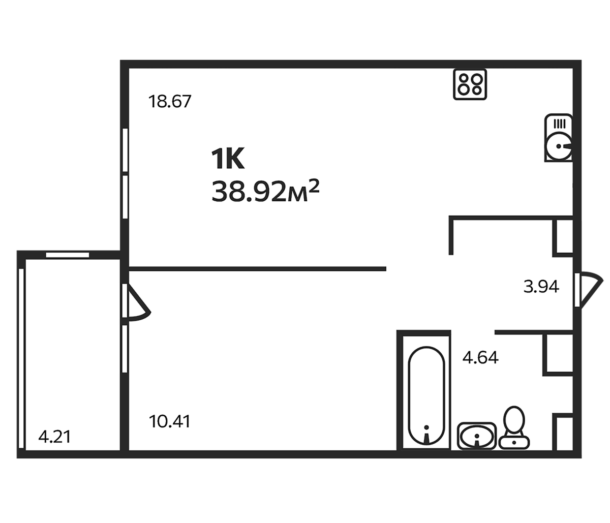 Планировка однокомнатная 38.92 м² в ЖК «Эдельвейс. Выборг», корпус 3