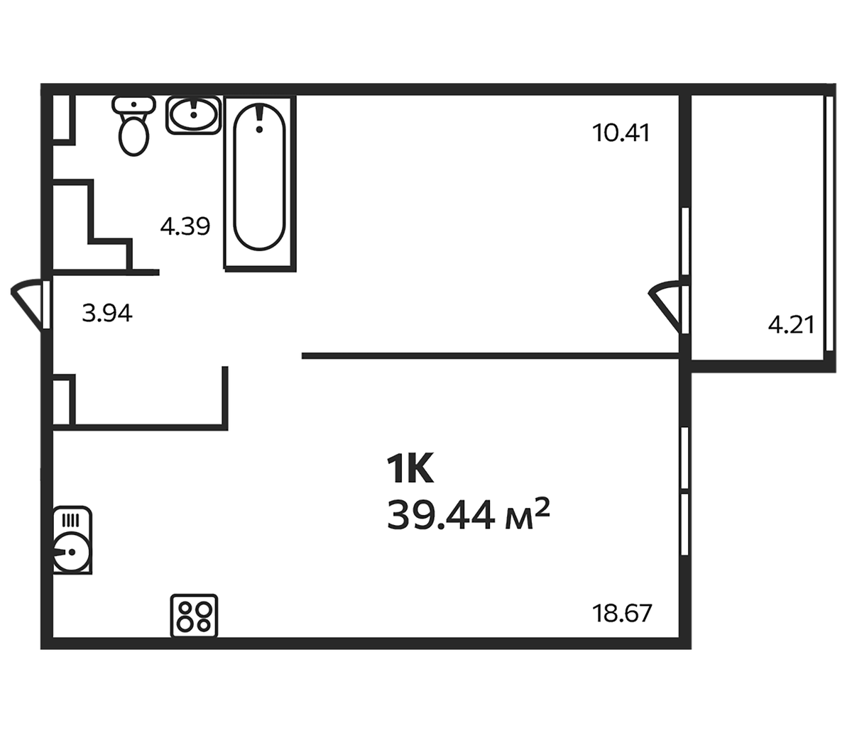 Планировка однокомнатная 39.44 м² в ЖК «Эдельвейс. Выборг», корпус 3