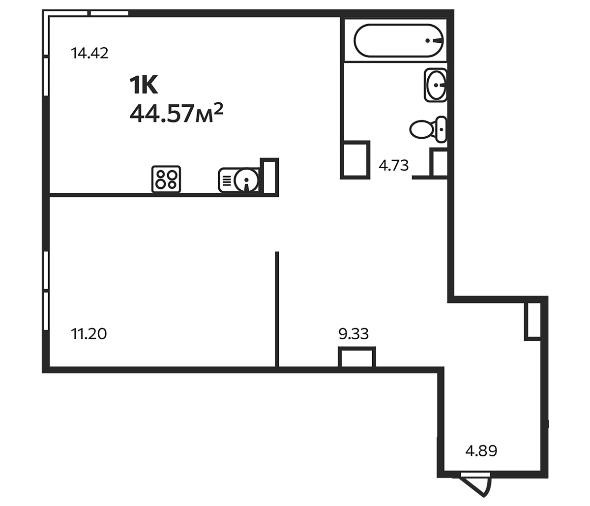 Планировка однокомнатная 44.57 м² в ЖК «Эдельвейс. Выборг», корпус 3