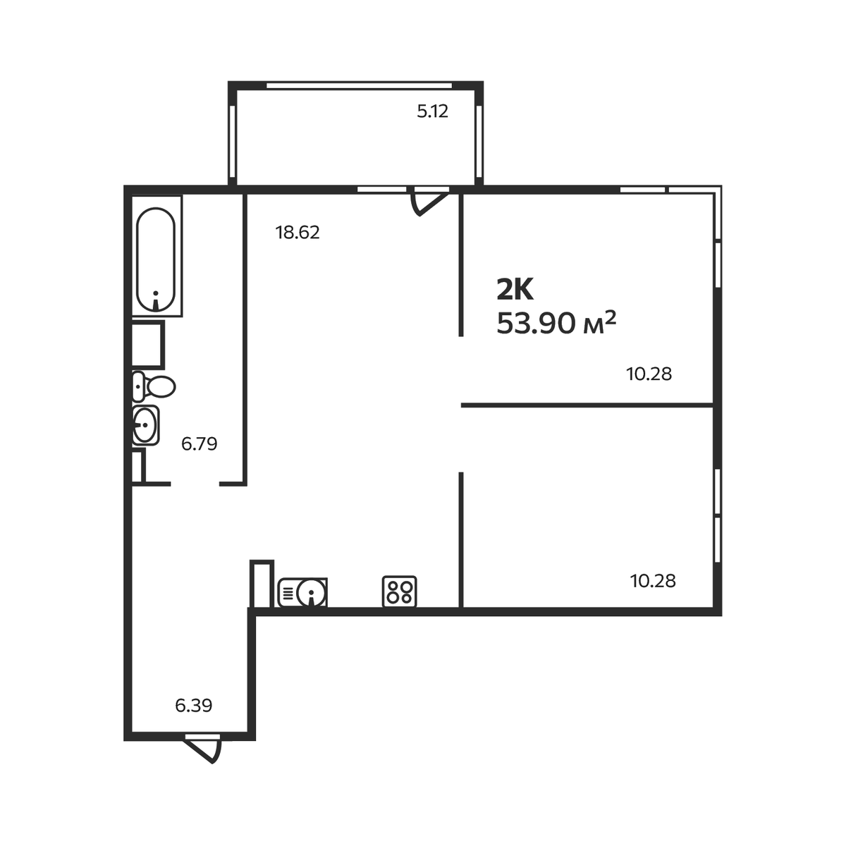 Планировка двухкомнатная 53.9 м² в ЖК «Эдельвейс. Выборг», корпус 4