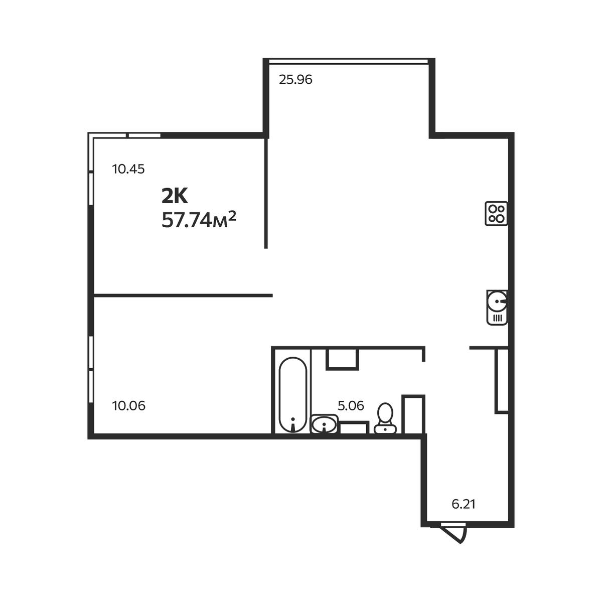 Планировка двухкомнатная 57.74 м² в ЖК «Эдельвейс. Выборг», корпус 4