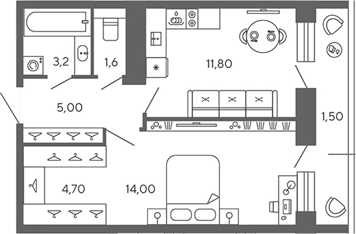 Планировка однокомнатная 39.4 м² в ЖК «Экоквартал Гармония», корпус 1.1