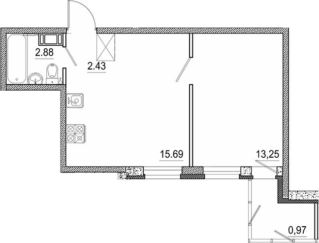 Планировка евродвушка (2Е) 35.22 м² в ЖК «Экоквартал Гармония», корпус 1.4