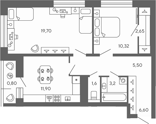 Планировка двухкомнатная 62.27 м² в ЖК «Экоквартал Гармония», корпус 1.1